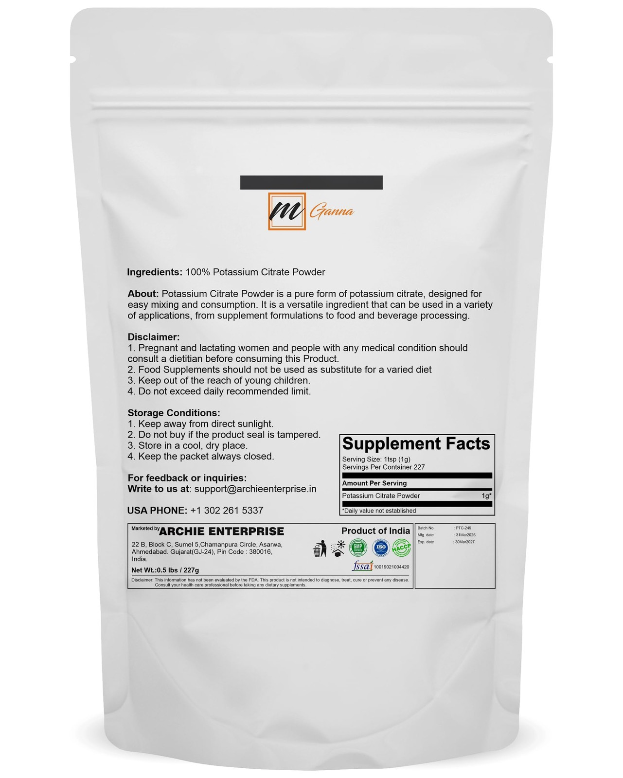 mGanna Potassium Citrate Powder – 227 g / 0.5 lbs – Food 8 Ounce (Pack of 1)
