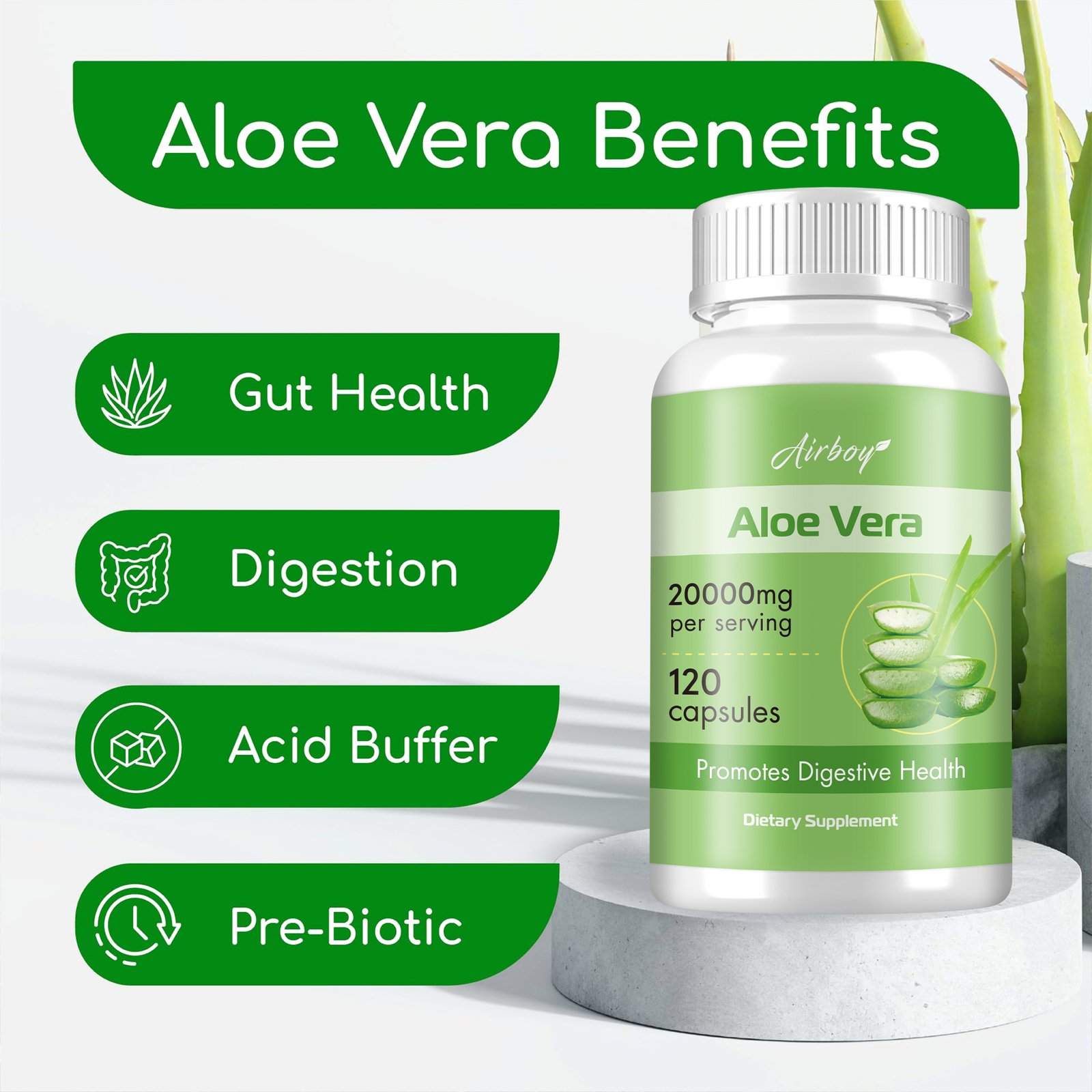 120pcs Aloe Vera 20000mg – Enhance Overall Health, Balance Stomach Acid Levels