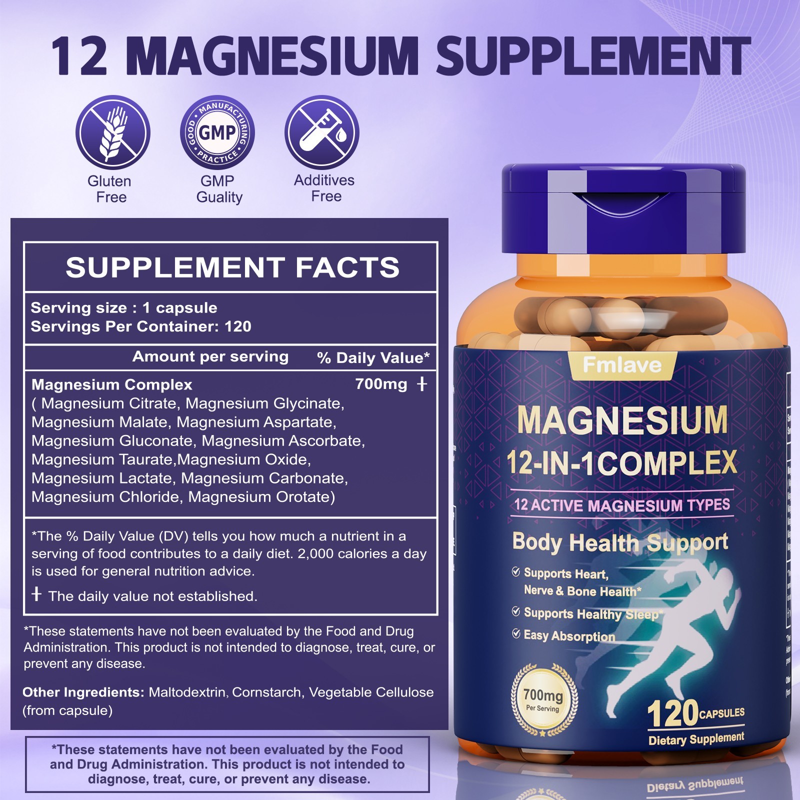12 in 1 Magnesium Complex Supplement: 700mg of 12-element Magnesium, 120 caps