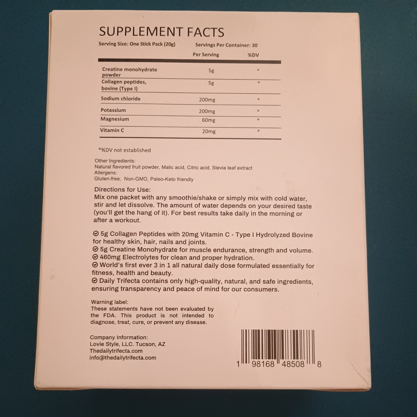 Daily Trifecta 3 In 1 Stick Packs, Collagen, Creatine, Electrolytes 30 Count