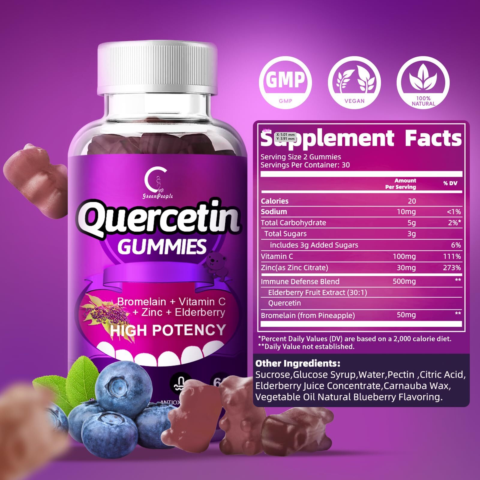 QUERCETIN GUMMIES Adults Kids with Vitamin C Zinc 60ct 2 Pack GPGP GREENPEOPLE