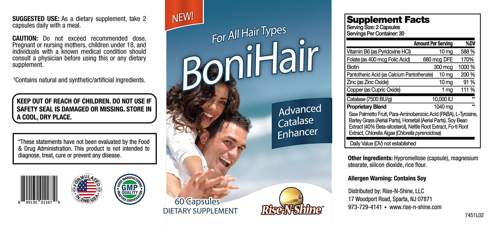 Rise-N-Shine BoniHair Catalase Supplement for Vibrant, 60 Count (Pack of 3)