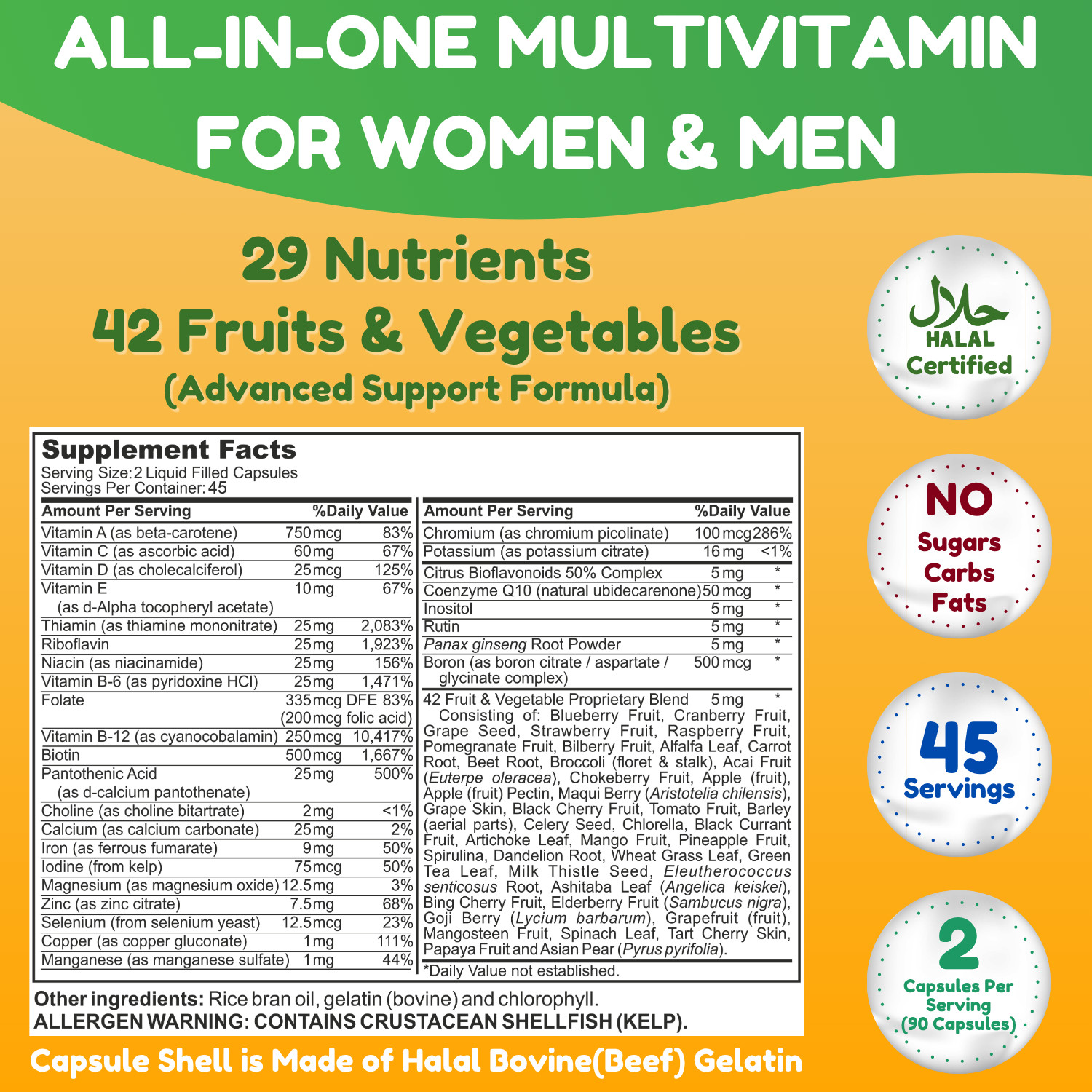 Shifaa Nutrition Halal Multivitamin for Women & Men, 90 Ct, Allergen-Free