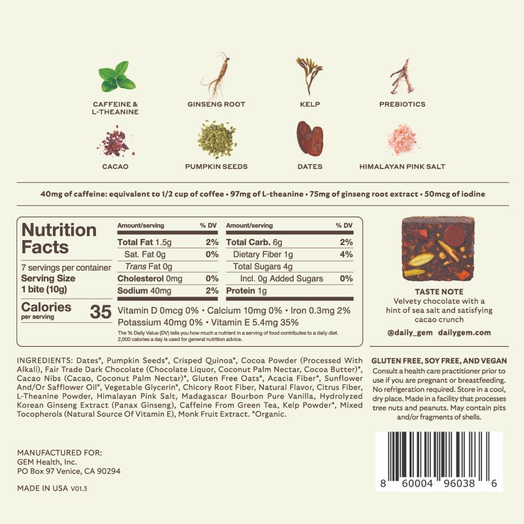 GEM Energy Caffeinated Chocolate Bite, 40mg Caffeine, Ginseng Root, LTheanine…