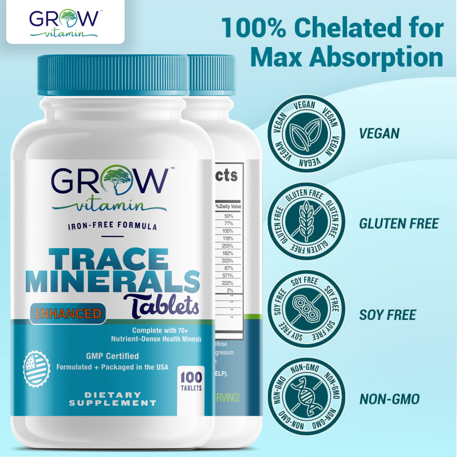 Multi Mineral Supplement | 100 TABLETS | Iron Free | Non-GMO | by GROW VITAMIN