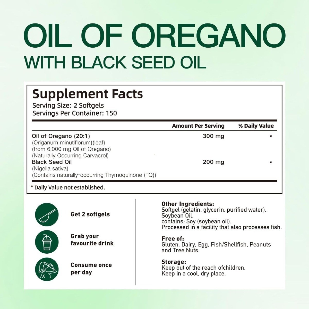 Oil of Oregano with Black Seed Oil Softgels 6200mg Extra Strength 300 Ct