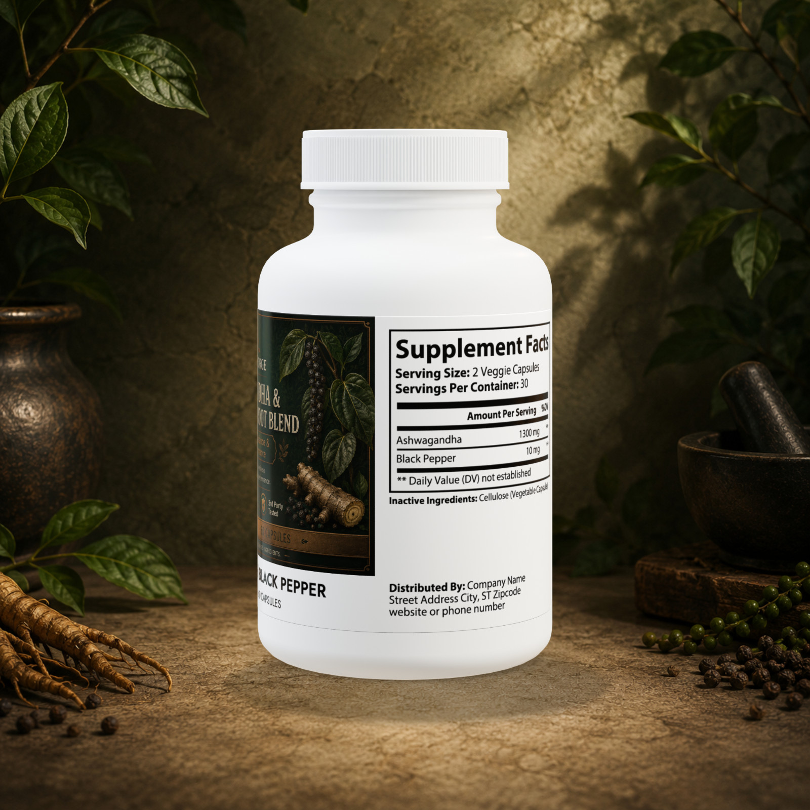 Ashwagandha Black Pepper Root Blend 60 Capsules Stress Balance Vegan Non-GMO