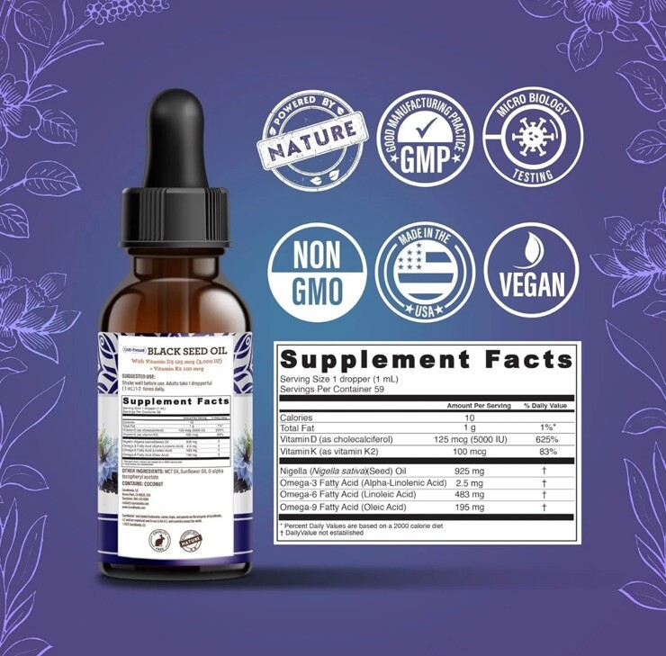GuruNanda Cold Pressed Black Seed Oil with Vitamin D3 & K2 – Supports Immune