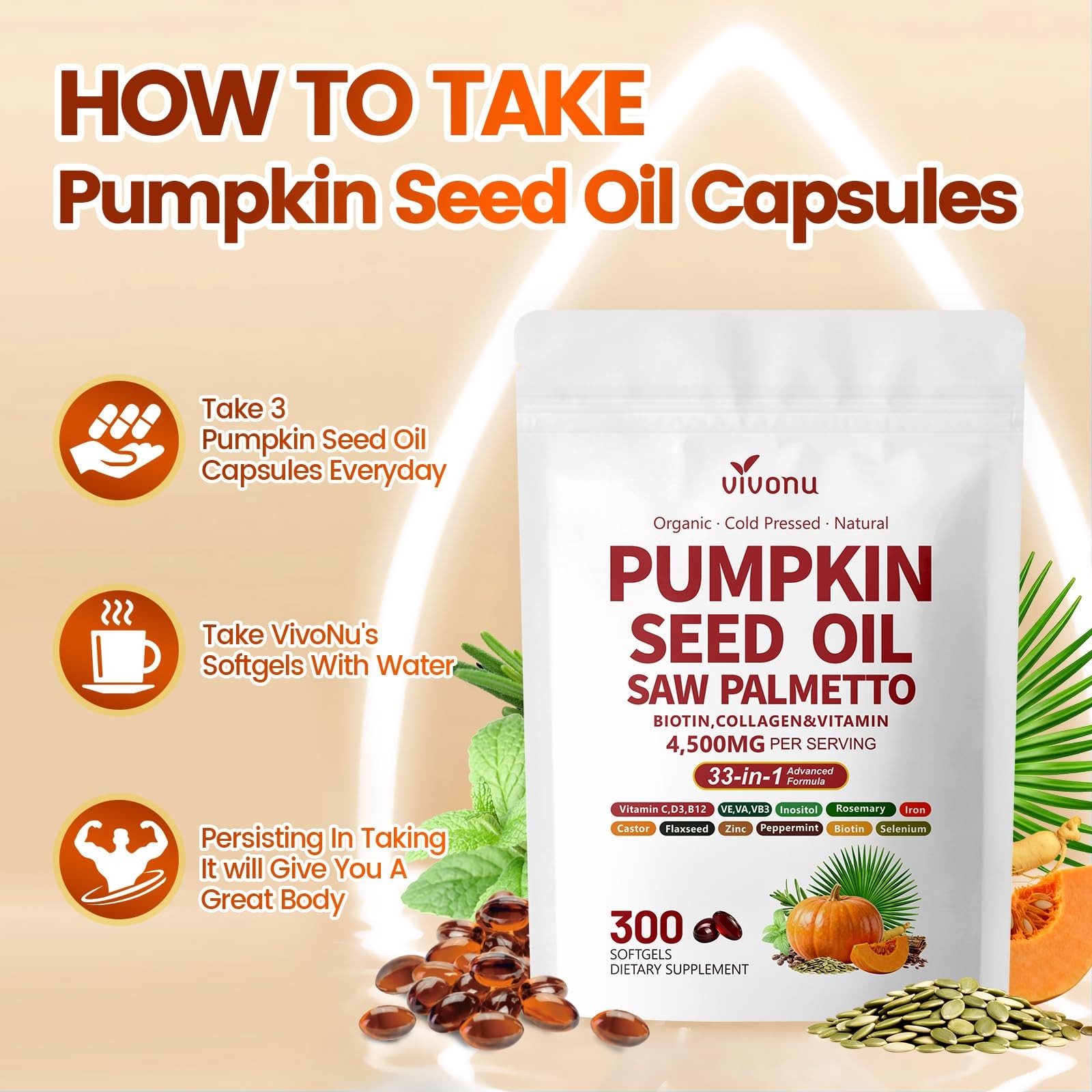 Pumpkin Seed Oil with Saw Palmetto Capsules | 300 Count (Pack of 1)