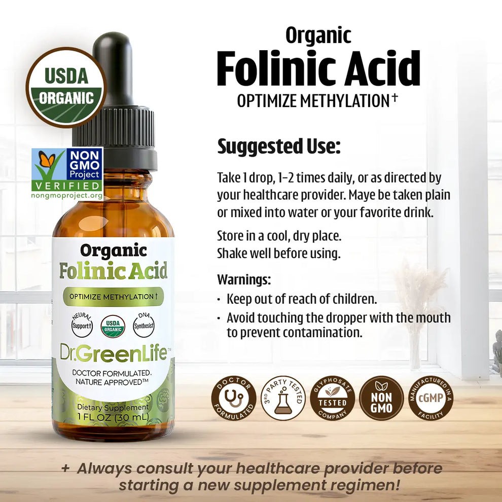 Dr GreenLife USDA Organic Folinic Acid – MTHFR-Friendly Folate 1 FL Oz / 30ml