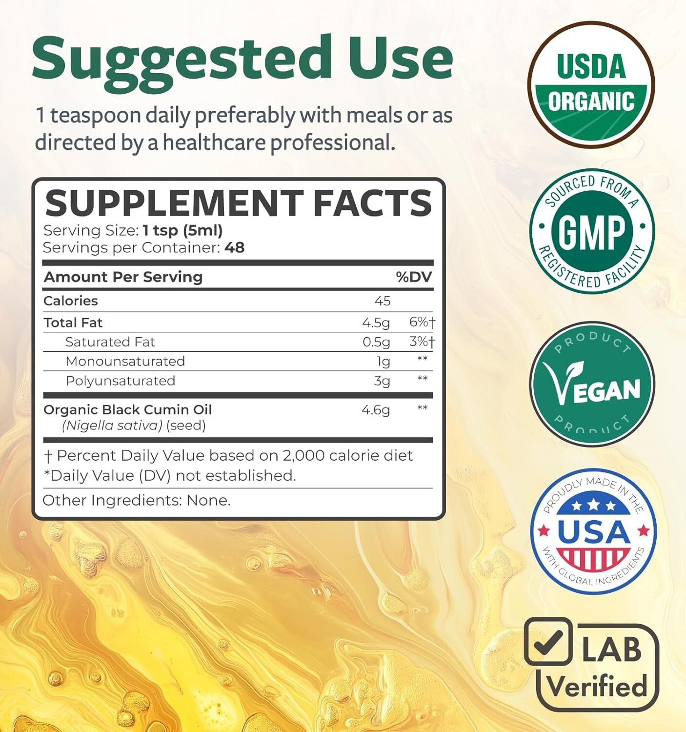 USDA Organic Black Cumin Seed Oil Liquid (8 fl oz) Premium Cold-Pressed Nigella