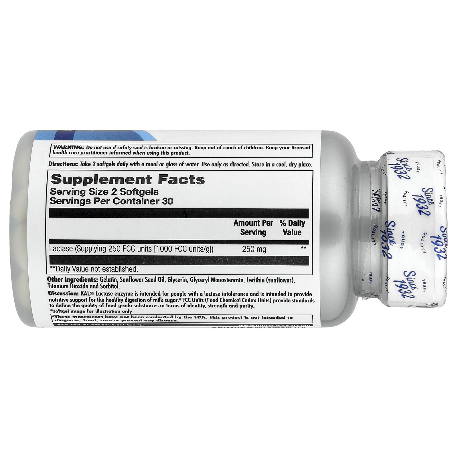 KAL Lactase Enzyme 250 mg 60 Softgels Soy-Free