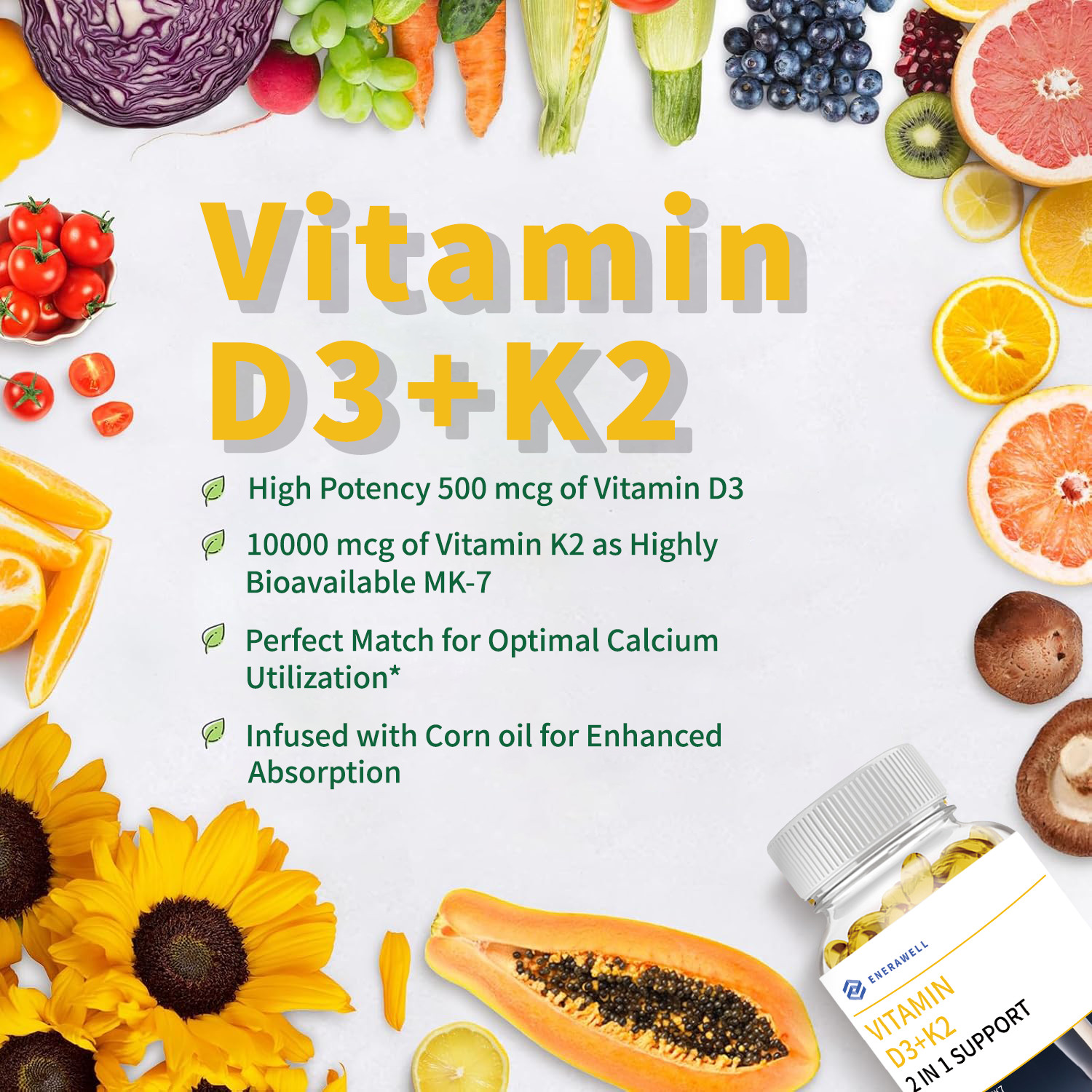 Vitamin D3 500 mcg + K2 10000mcg 120 Capsules Extra Strength D3 K2 02/07/2027