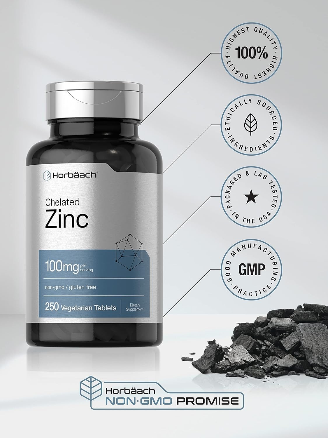 Chelated Zinc Supplement 100mg | 250 Tablets | High Potency | by Horbaach