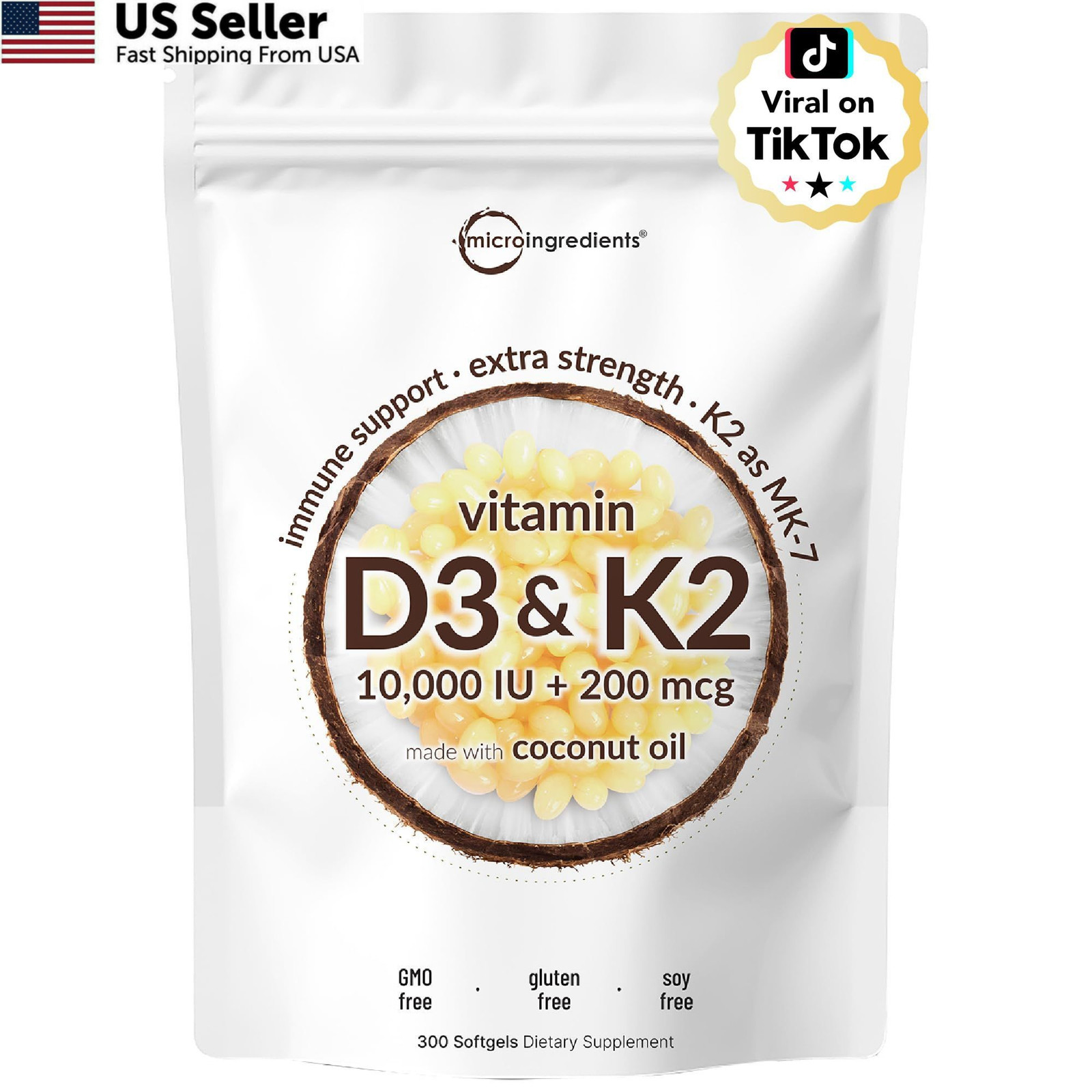 Micro Ingredients Vitamin D3 10,000 IU + K2 MK-7 200 300 Count (Pack of 1)