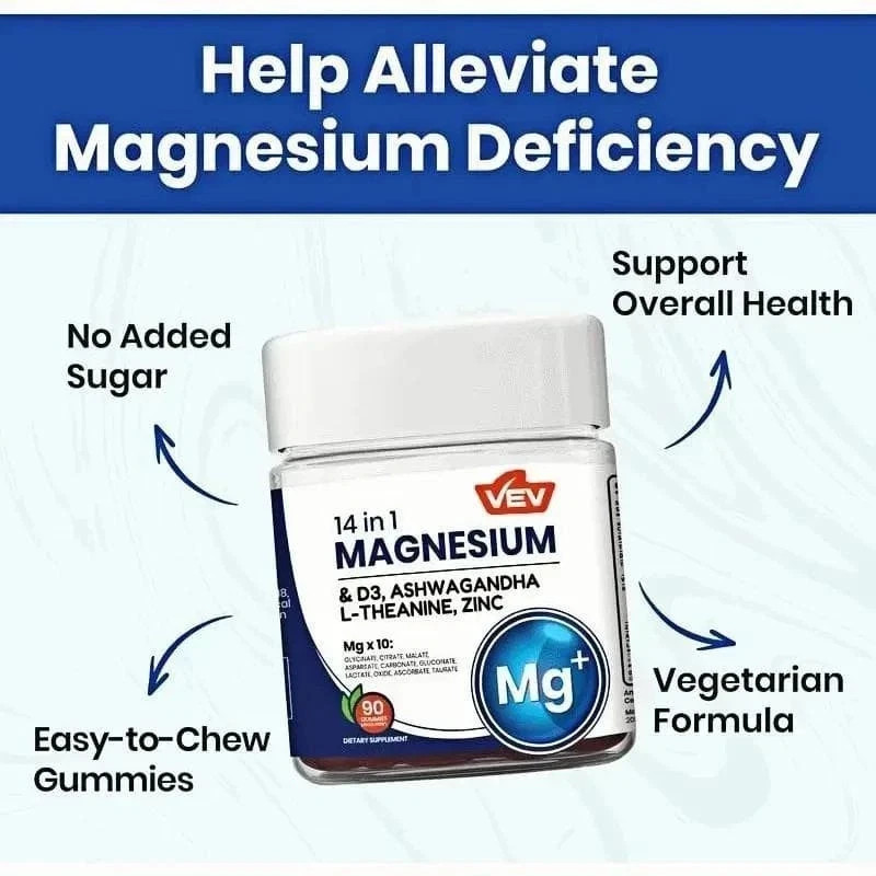 Mg 14-in-1 Magnesium Gummies – 10 VEV Types + D3, Ashwagandha – 90 Ct (2-Pack)