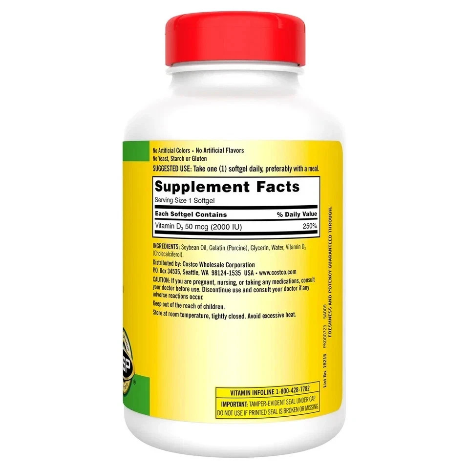 Kirkland Signature Extra Strength D3 50 mcg,(2000 IU) 600 Softgels EXP 2028
