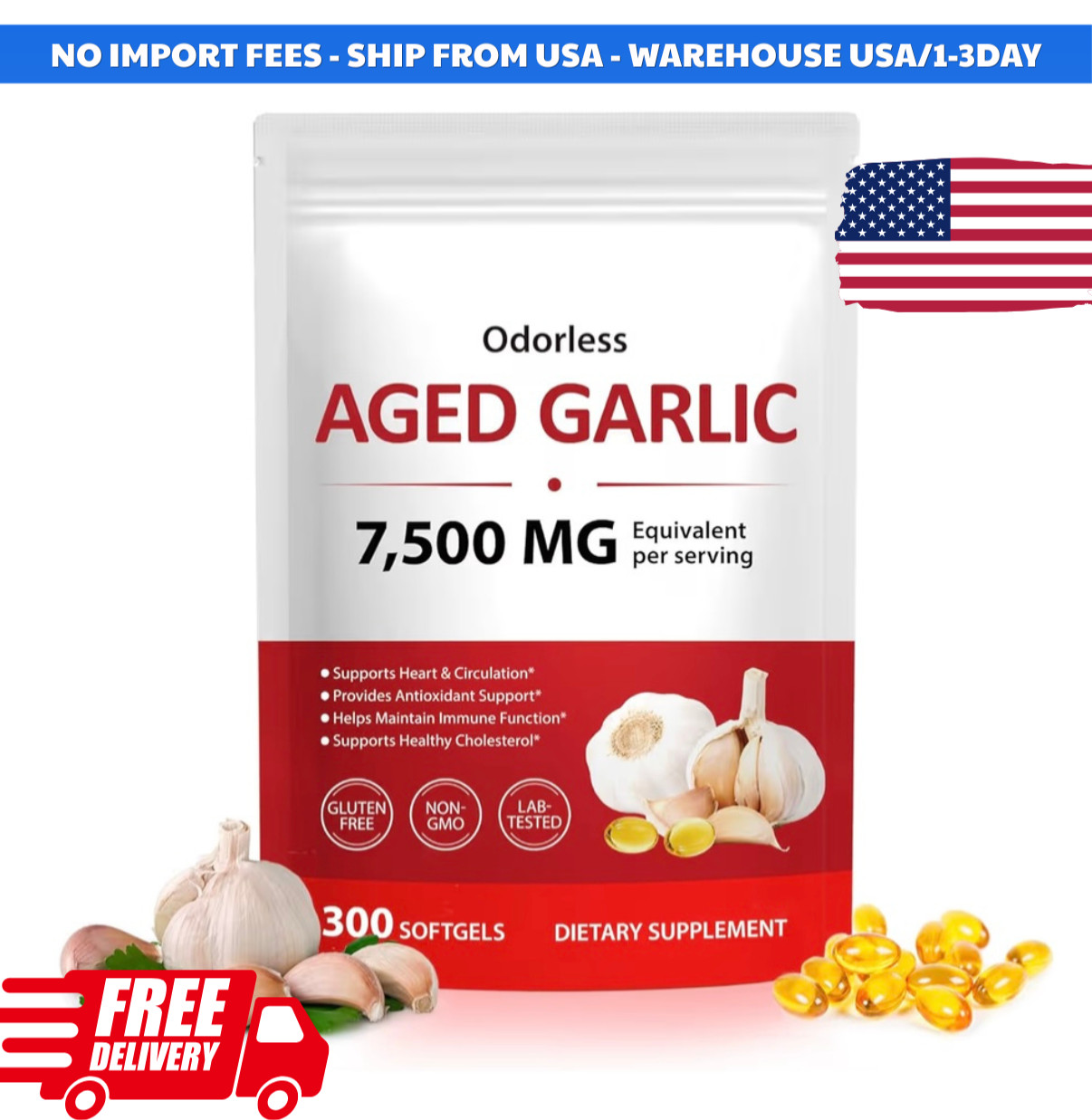 Odorless Garlic 7500Mg per Servings, 300 Softgels | 2 Years Aged Garlic Extra…
