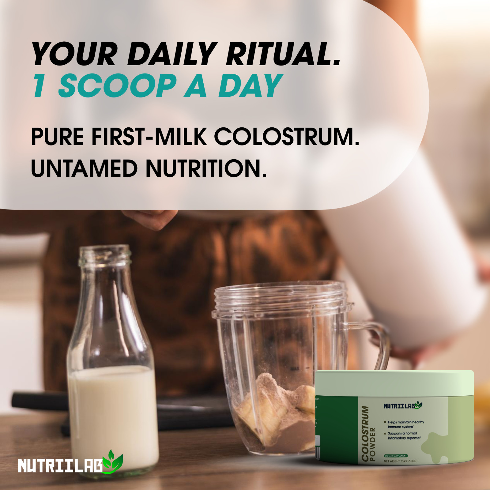 NutriiLab Bovine Colostrum Powder 2500mg IgG Immune Gut Health 30 Day Supply