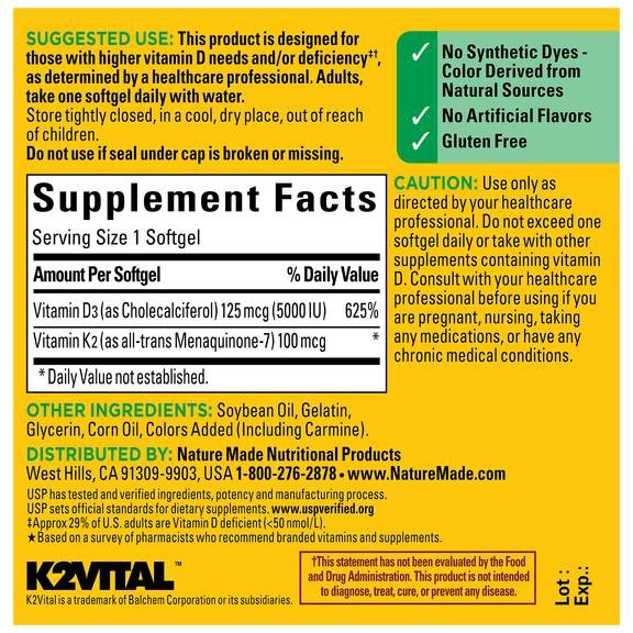 Nature Made Vitamin D3 + K2, Dietary Supplement, GF, 30 Softgels, USP Verified
