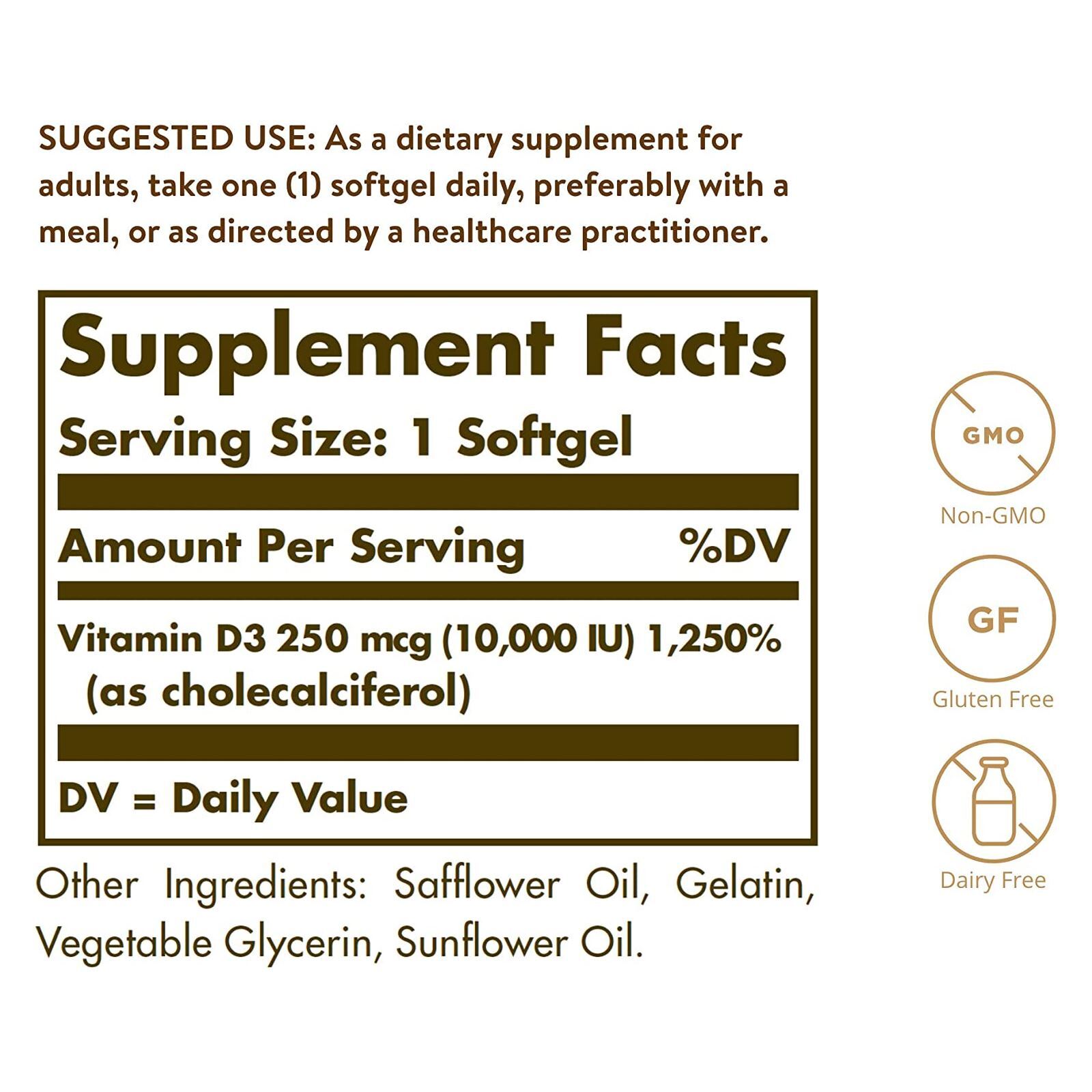 Solgar Vitamin D3 Cholecalciferol 250 mcg 10000 IU 120 Softgels