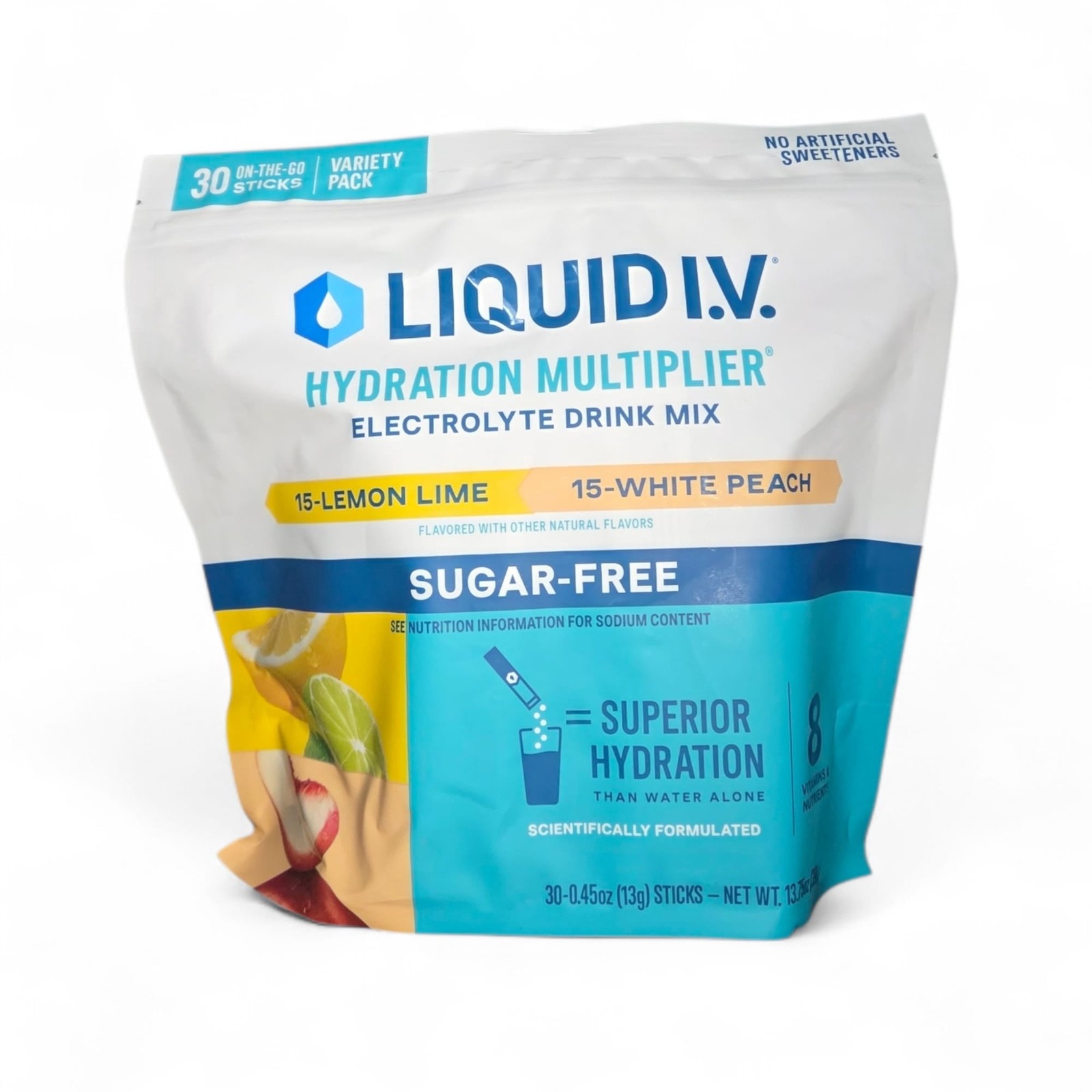 Liquid IV Hydration Multiplier, Sugar-Free Lemon Lime/White Peach 30CT EXP 10/27