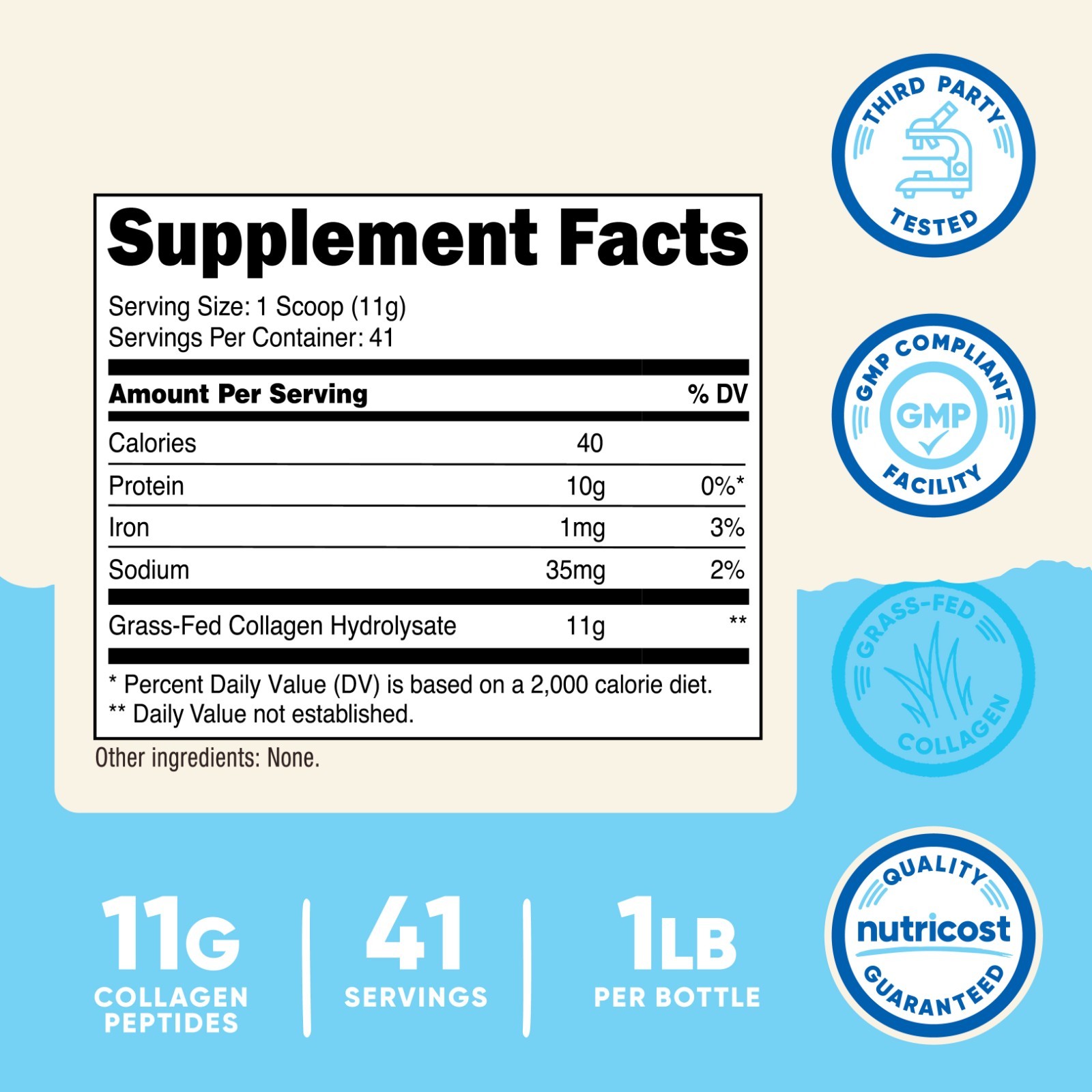 Nutricost Pure Collagen Hydrolysate (Bovine) Powder – Grass Fed, 1LB (454g)