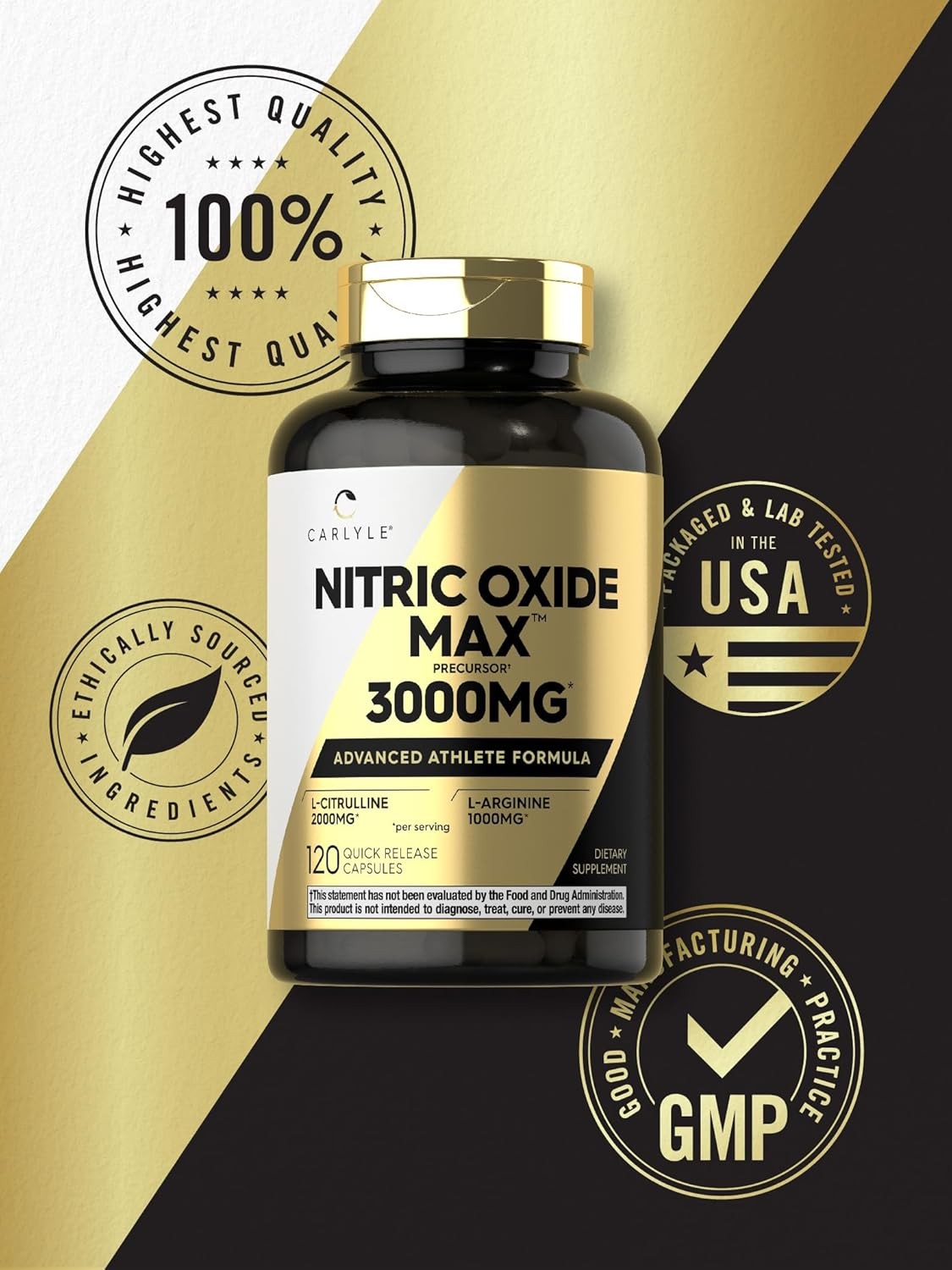 Nitric Oxide Supplement 3000mg 120 Caps Pre-Workout with L-Arginine L-Citrulline