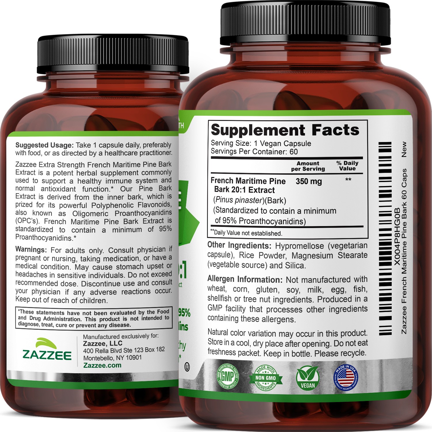 Zazzee Extra Strength French Maritime Pine Bark 20:1 Extract, 350 mg Per Capsule