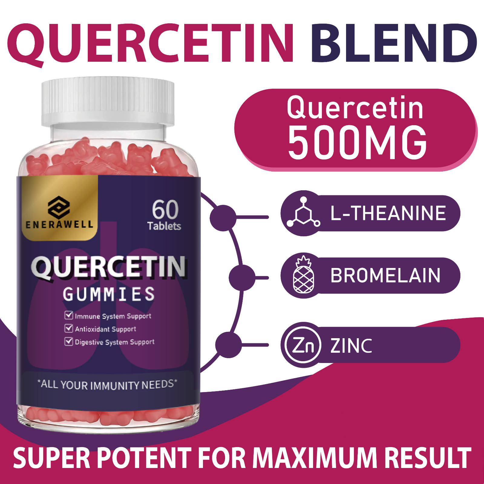 Quercetin Gummies 500mg with Bromelain Vitamin C D3 Zinc & Elderberry 02/07/2027