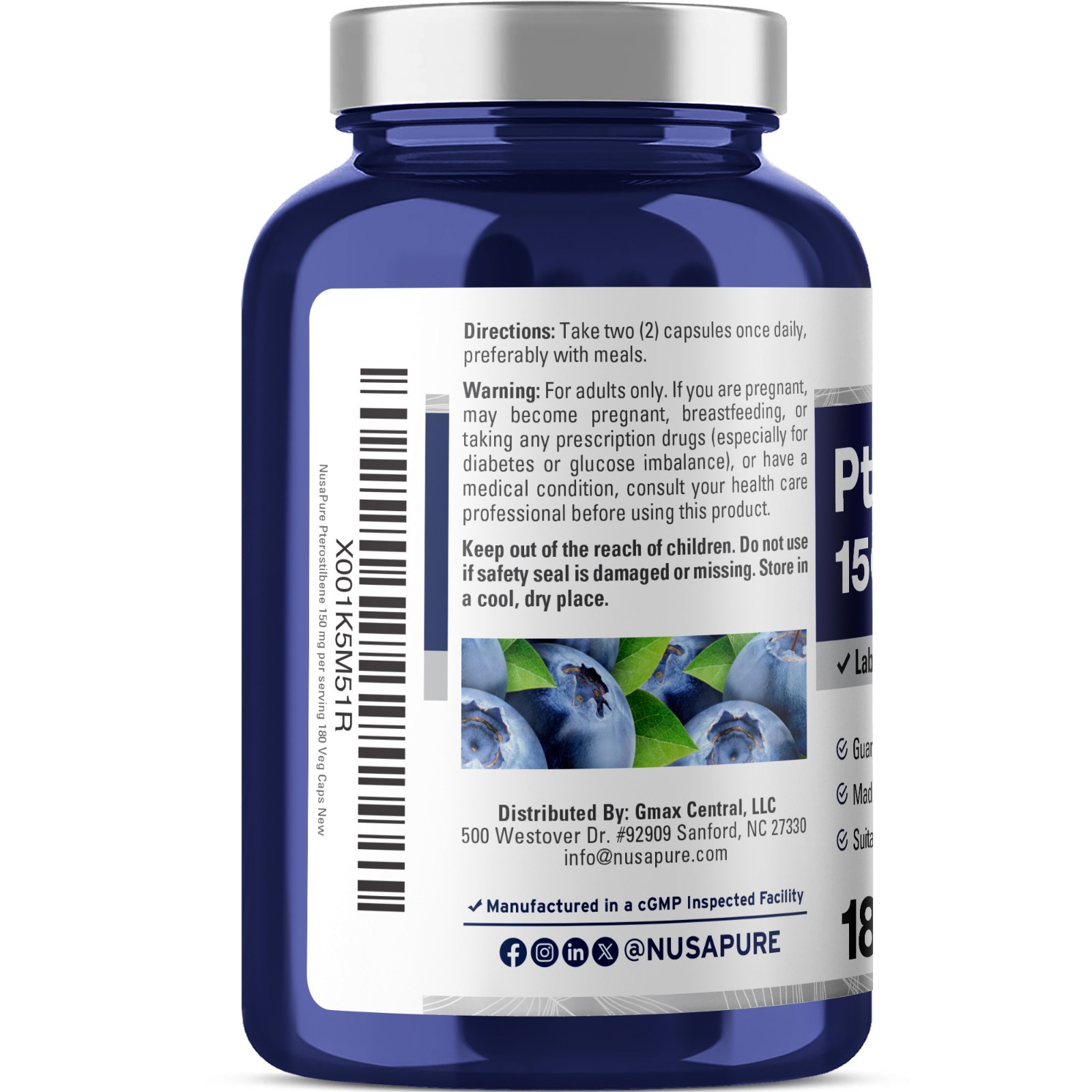 NusaPure Pterostilbene 150mg 180 Veggie Caps (Non-GMO)
