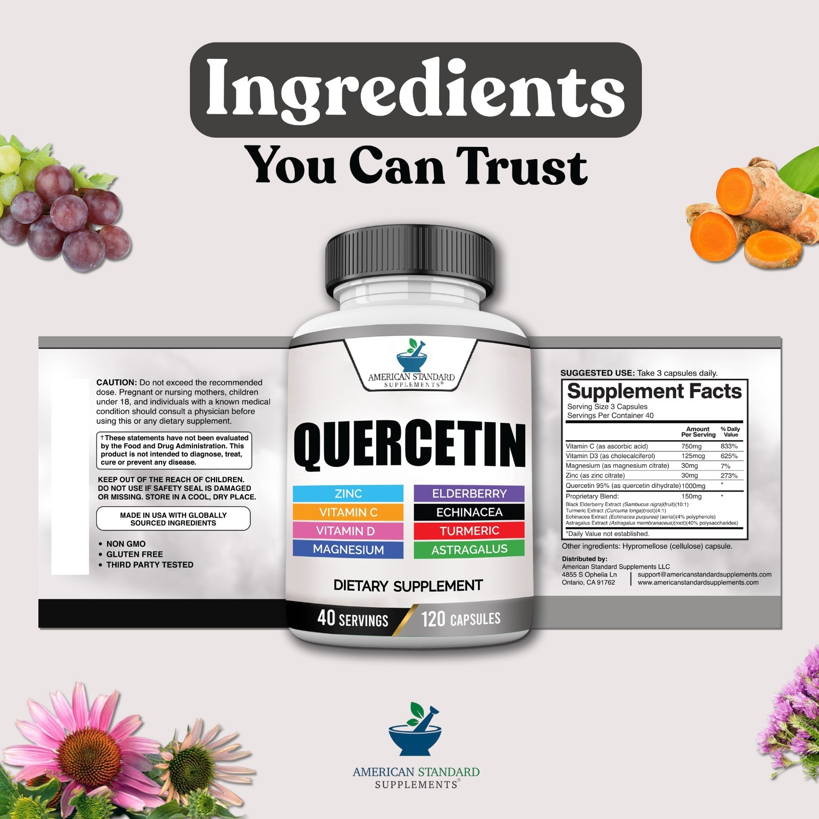Quercetin 1000mg, Zinc, Vitamin C, Vitamin D, Magnesium – 9 in 1 Immune Support