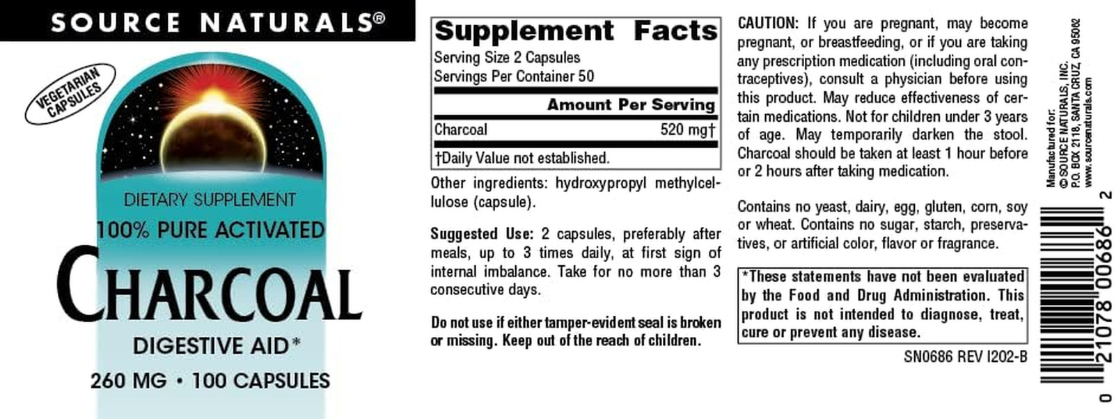 Charcoal – 100% Pure Activated, Digestive Aid – 100 Capsules