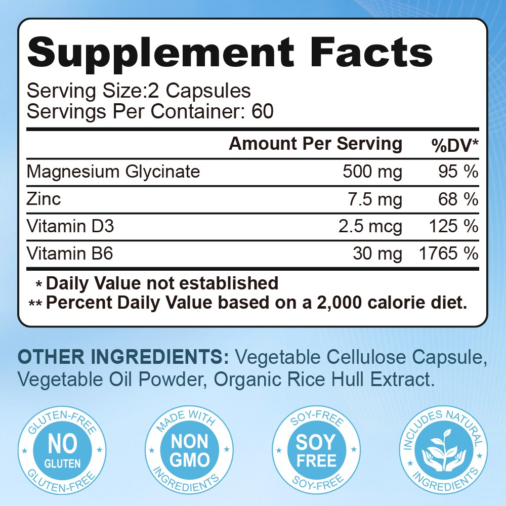 Magnesium Glycinate 500mg With Zinc,D3 Improved Sleep, Stress , Anxiety Relief