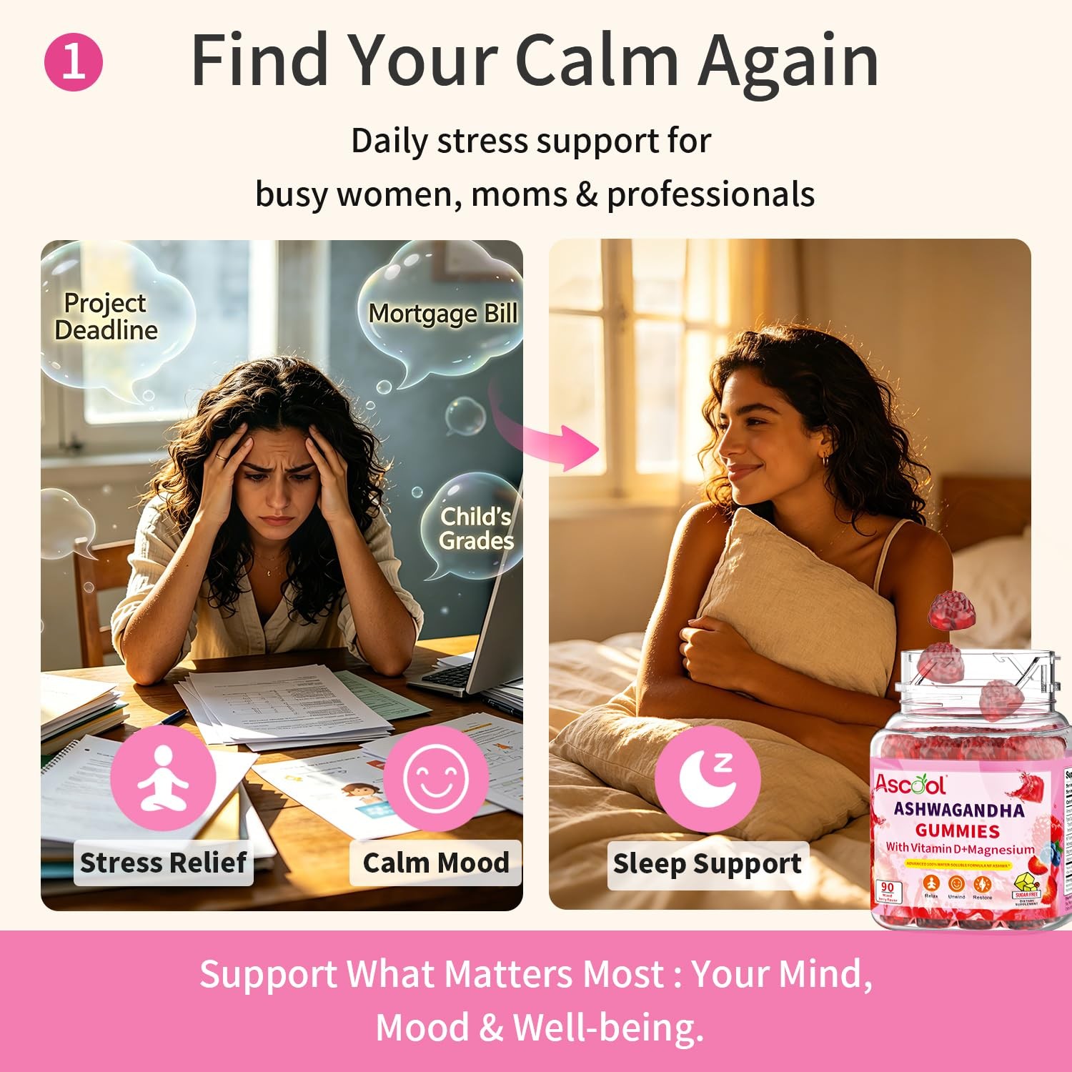 Ascool Ashwagandha Gummies for Stress Relief & Calm with 90 Count (Pack of 1)