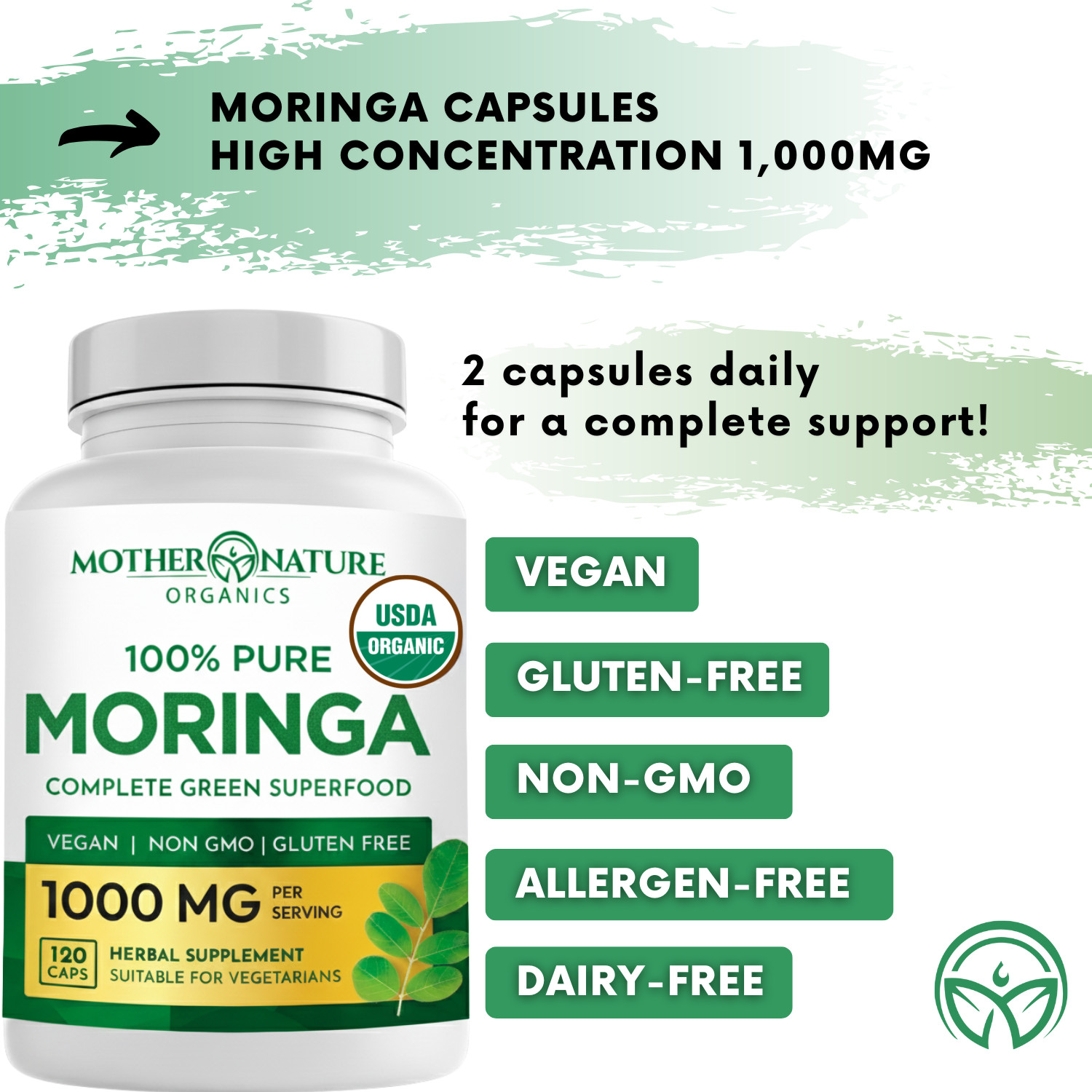 Organic Moringa Capsules, 100% Raw from India, 120ct, Green Supplement.