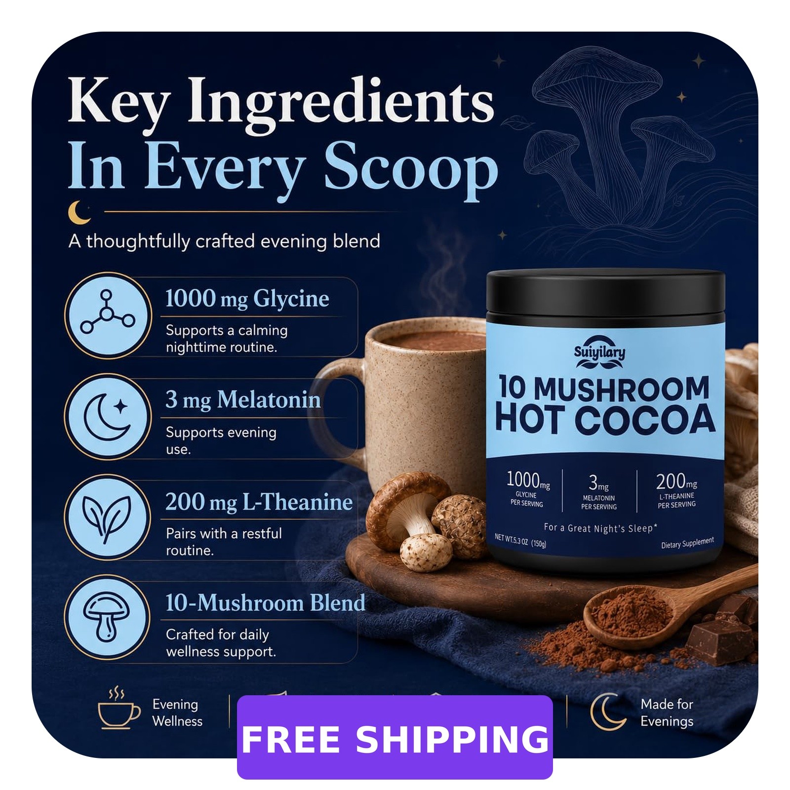 Suiyilary Mushroom Melatonin Cocoa 5.3oz Sugar Free Keto