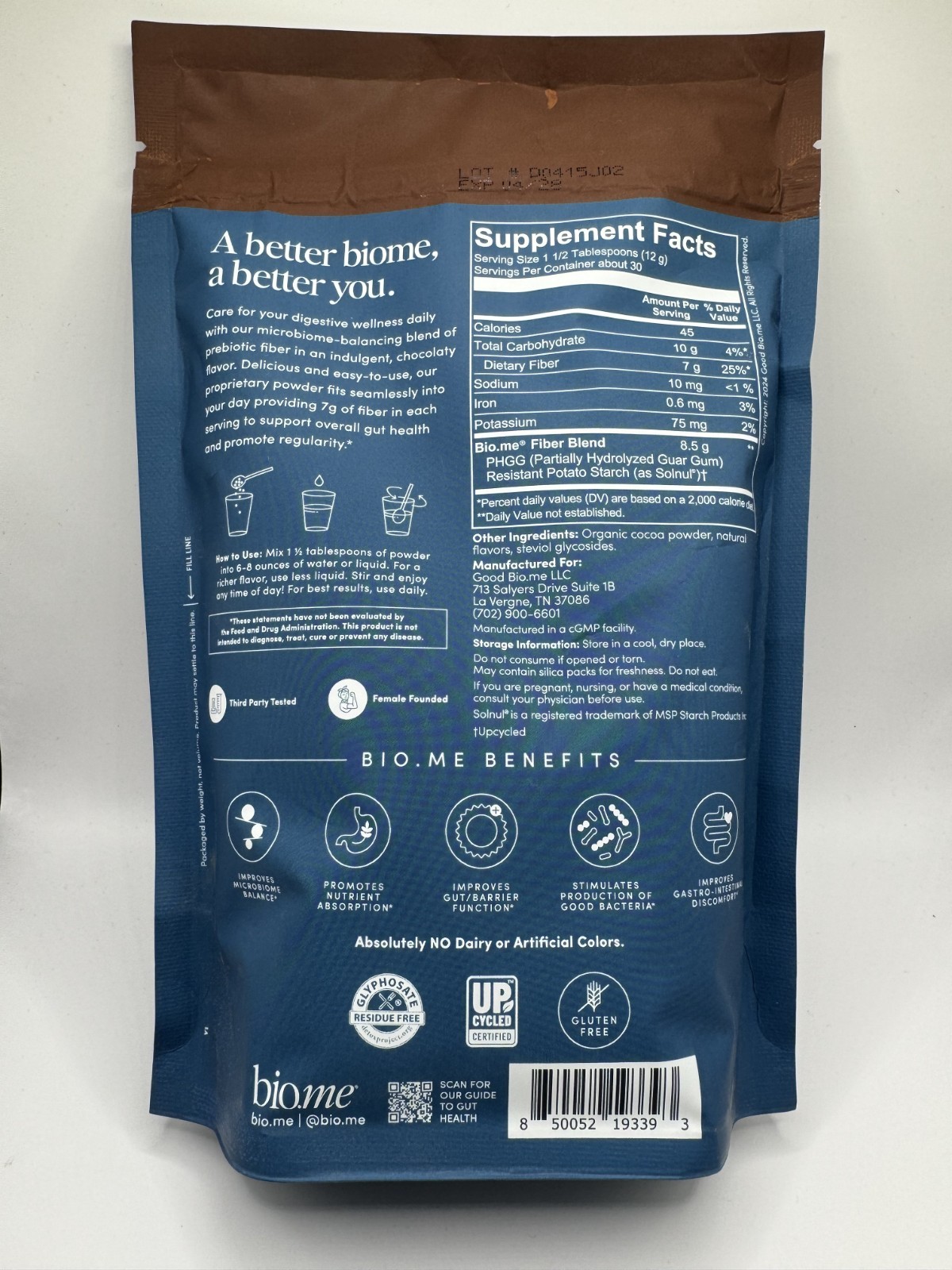 Bio.Me Daily Prebiotic Fiber Dietary Supplement Chocolate 30 Servings 12.7oz New
