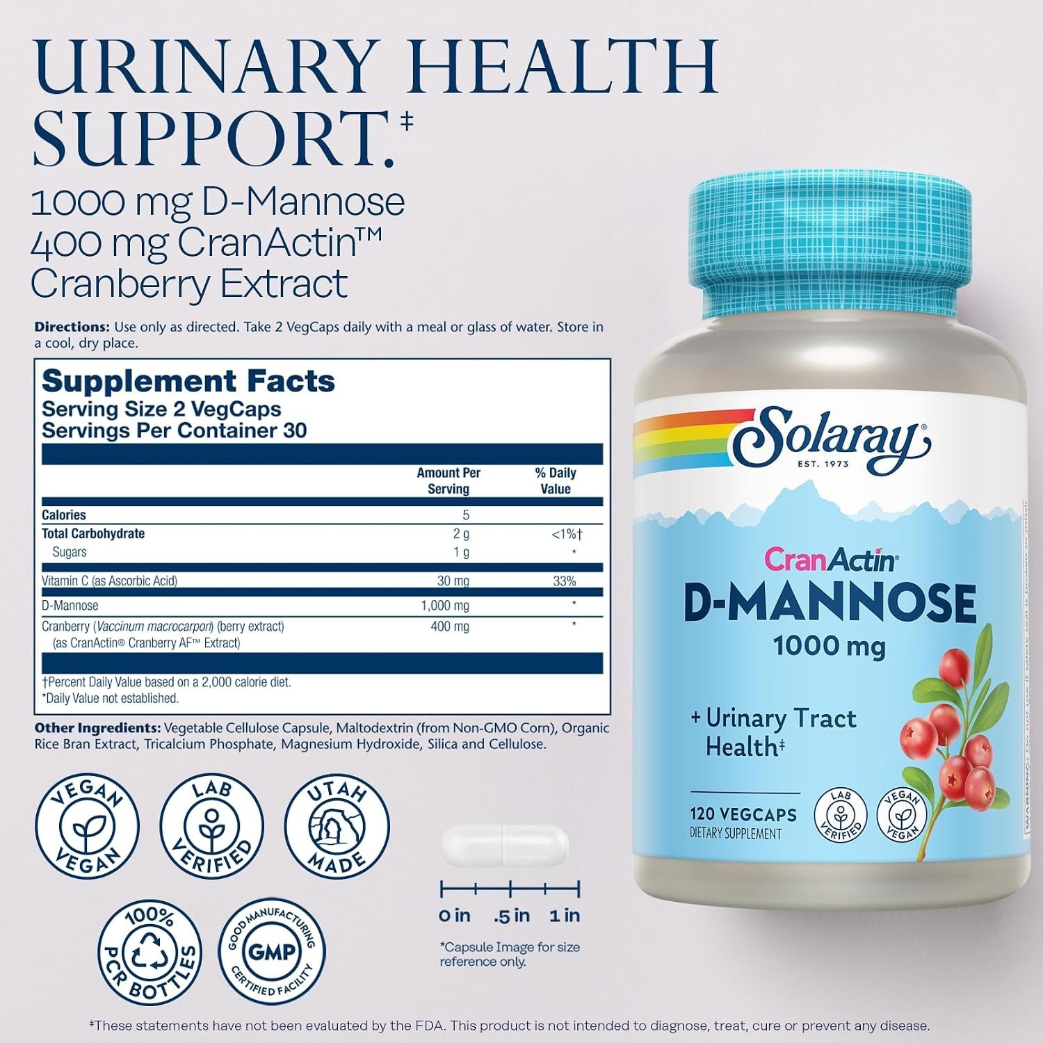 Solaray D-Mannose Cran Actin Urinary Tract Health 120 Veg Caps 1000mg Exp 03/27