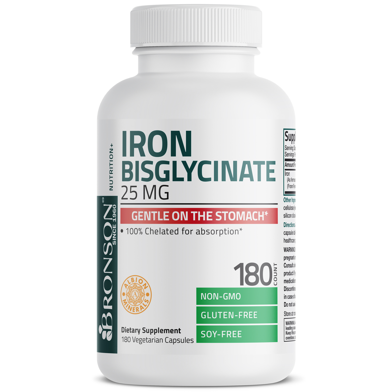 Bronson Iron Bisglycinate 25mg Supports Energy Non-Constipating 180 Veg Capsules