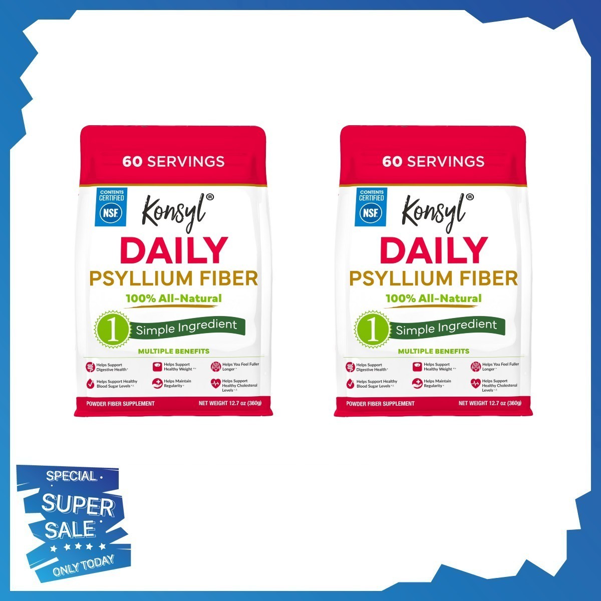 2P Konsyl Daily Psyllium Fiber Powder 12.7oz 100% All-Natural Digestive Health