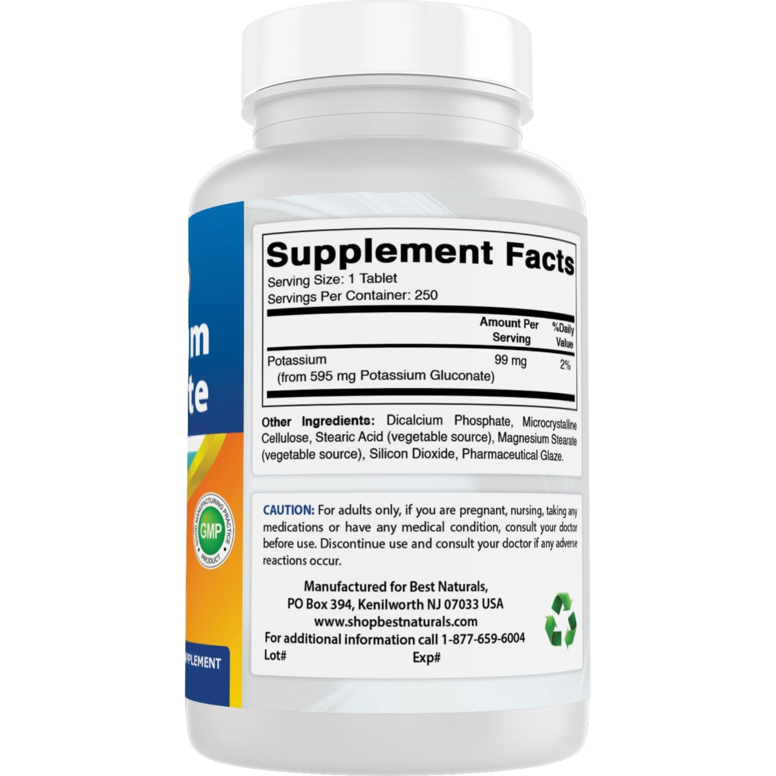 Best Naturals Potassium Gluconate 595mg 250 Tablets Non-GMO Gluten Free USA Made