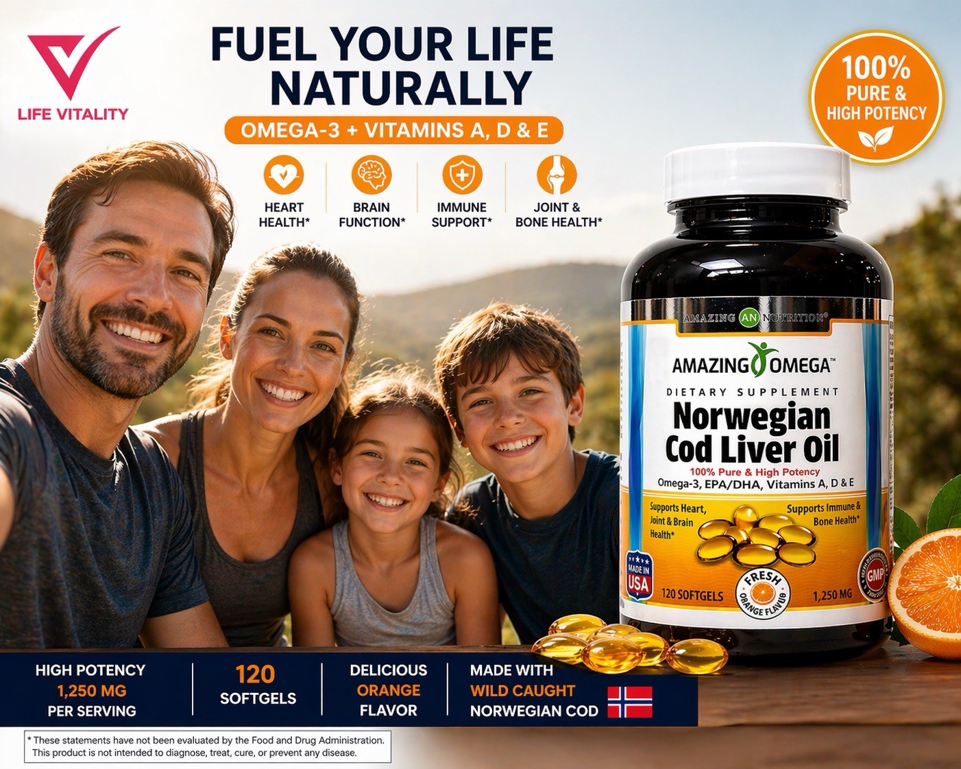 Norwegian Cod Liver Oil 1250 Mg Omega 3 EPA – DHA 120 Softgels Orange Flavor