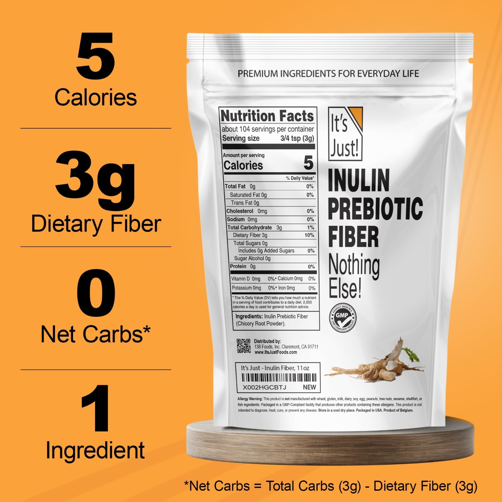 Inulin Prebiotic Fiber Powder – Water Soluble Chicory Root, Gut Health, Vegan, K