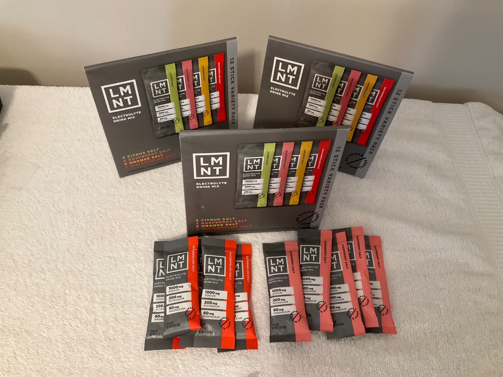 3 boxes of LMNT Electrolyte Drink Mix w/ 12 Variety Packs & 10 Individual Packs