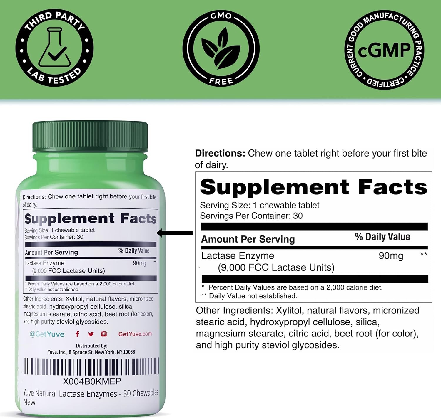 Yuve Dairy Relief Fast Acting Natural Lactase Enzyme 9000 FCC Say Goodbye 08/27