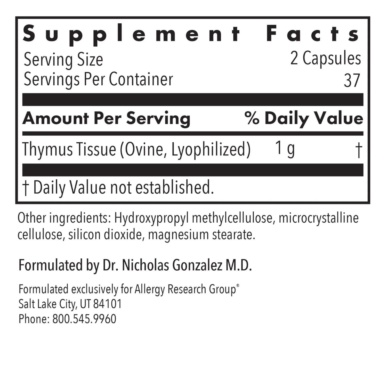 Thymus Natural Glandular 75 Capsules Allergy Research Group