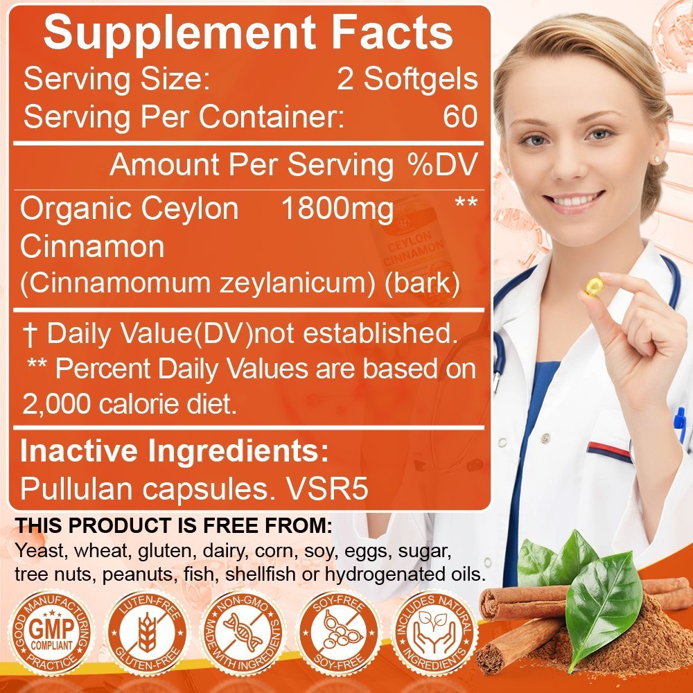 Pure Cinnamon Capsules, True Sri Lanka Certified Organic Ceylon Cinnamon Pills-
