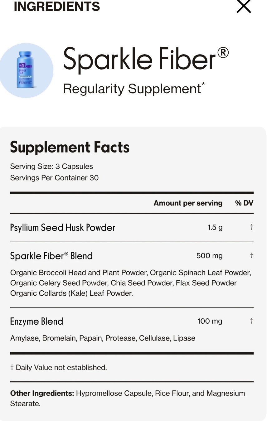 Love Wellness Sparkle Fiber Supplement. “Femcare” Daily Gut, Hormones & Vag-90ct