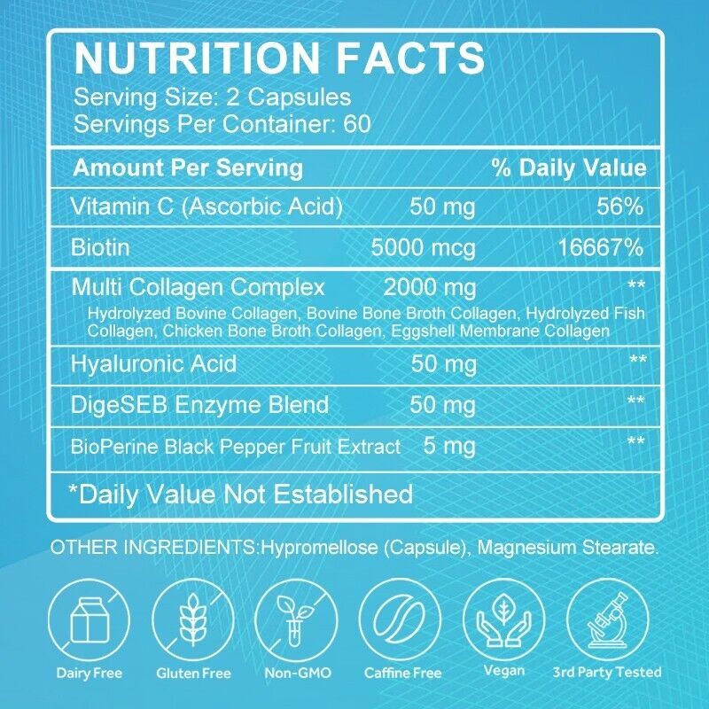 Collagen Peptides Types I, II, III, V, X 2000mg Pills Anti-Aging Skin Capsules